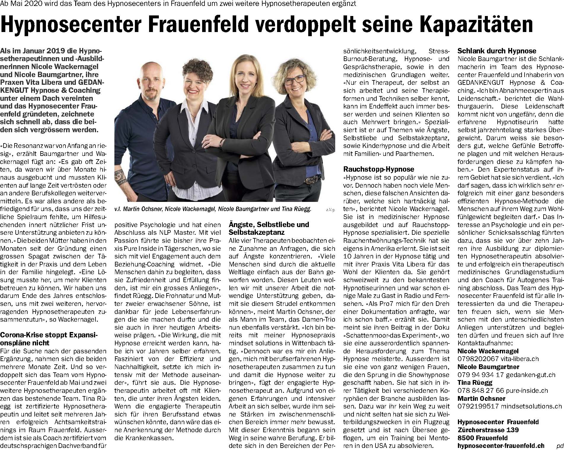 Hypnosecenter Frauenfeld verdoppelt sein Team